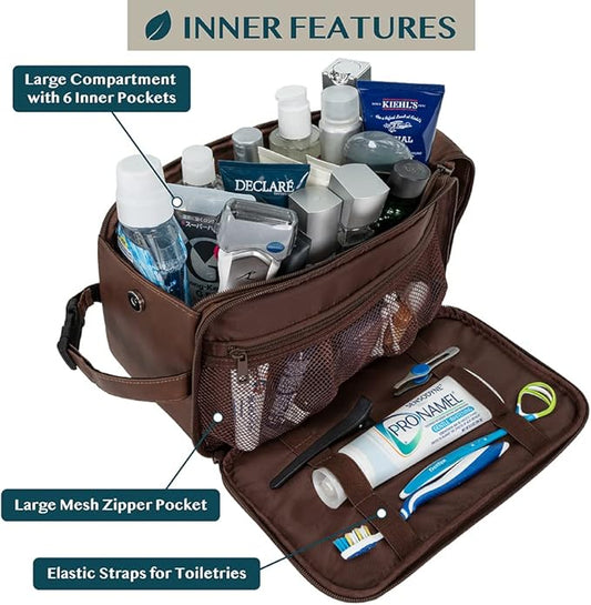 PAVILIA Toiletry Bag for Men, Travel Essentials Shaving Dopp Kit, Mens Travel Bag Toiletries Organizer Case for Grooming, PU Leather Water Resistant Cosmetic Bag Pouch (XL, Dark Brown)