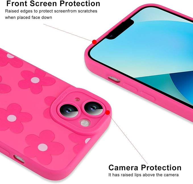 ZIYE for iPhone 13 Case Hot Pink Flower Pattern Phone Case with Camera Protection,Soft TPU Silicone Rubber Protective Cover Floral Design Cases Compatible with iPhone 13 6.1 Inch