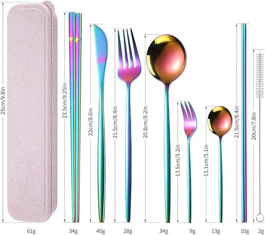 AARAINBOW 8 Pieces Stainless Steel Flatware Set Portable Reusable Cutlery Set Travel Utensils Set Including Chopsticks Knife Fork Spoon Straws Cleaning Brush Dishwasher Safe (Multicolored)