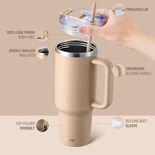 40 oz Tumbler with Handle and Straw Lid,Insulated Reusable Stainless Steel Water Bottle Travel Mug,Cupholder Friendly Double Wall Vacuum Sealed Cup (Mocha)
