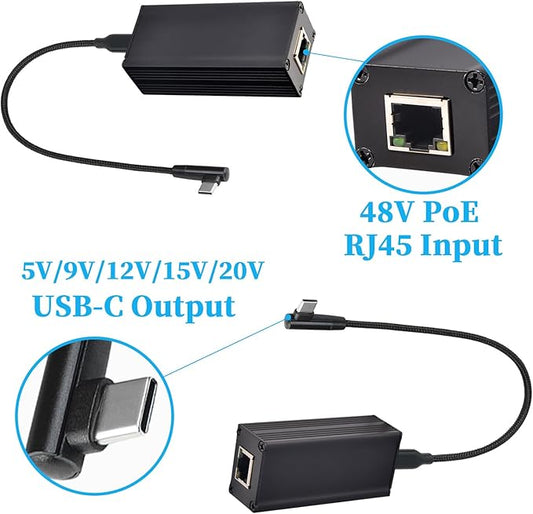 PoE to USB-C Converter Adapter, Type-C Output Power & Ethernet 2 in 1, 5V to 20V Max 45W Charging for Tablet/Laptop, 10/100Mbps Rate, IEEE802.3BT Compatible (PD2CBT-20V)