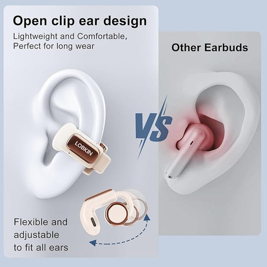 LOBKIN Open Ear Clip On Earbuds Wireless Bluetooth, Waterproof Clip On Headphones, Lightweight, Comfortable for Small Ears Women, Clip On Ear Buds with Mic, LED Display, Sports Running Workout White