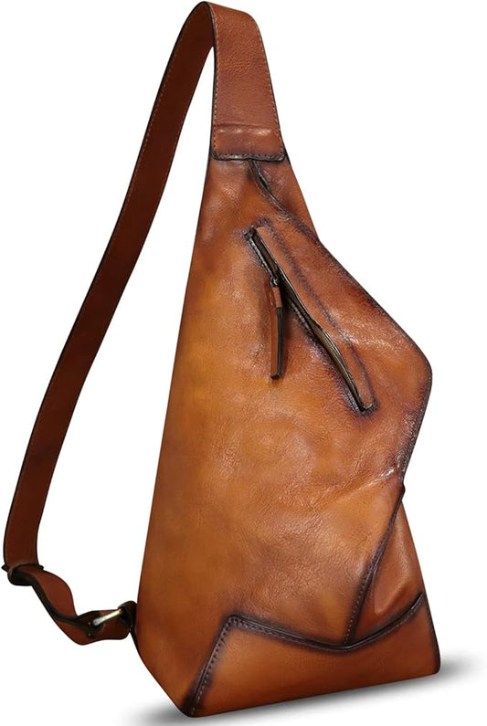 Genuine Leather Sling Bag for Men and Women Vintage Full Grain Leather Sling Purse Chest Daypack Over Shoulder Crossbody Bag (Brown)