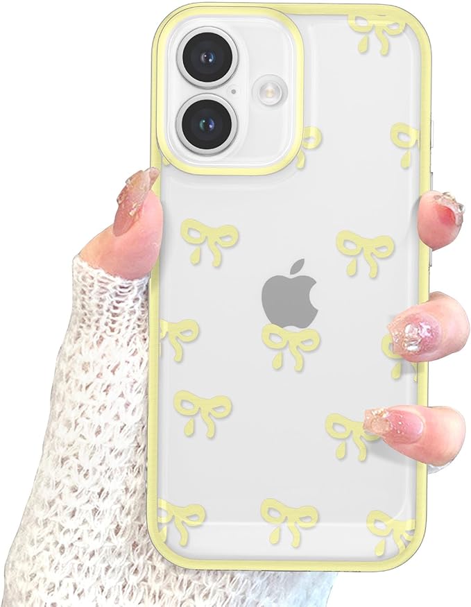 EYZUTAK Case for iPhone 16, Clear Cute Ribbon Bowknot Pattern Aesthetic Transparent Phone Case Raised Camera Protection Stylish Slim Soft Durable TPU Protective Cover for Women Girls - Yellow