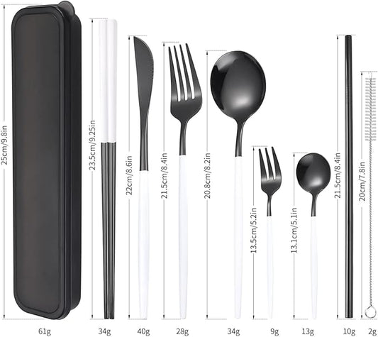 AARainbow 8 Pieces Stainless Steel Flatware Set Portable Reusable Cutlery Set Travel Utensils Set Including Chopsticks Knife Fork Spoon Straws Cleaning Brush Dishwasher Safe (White black)