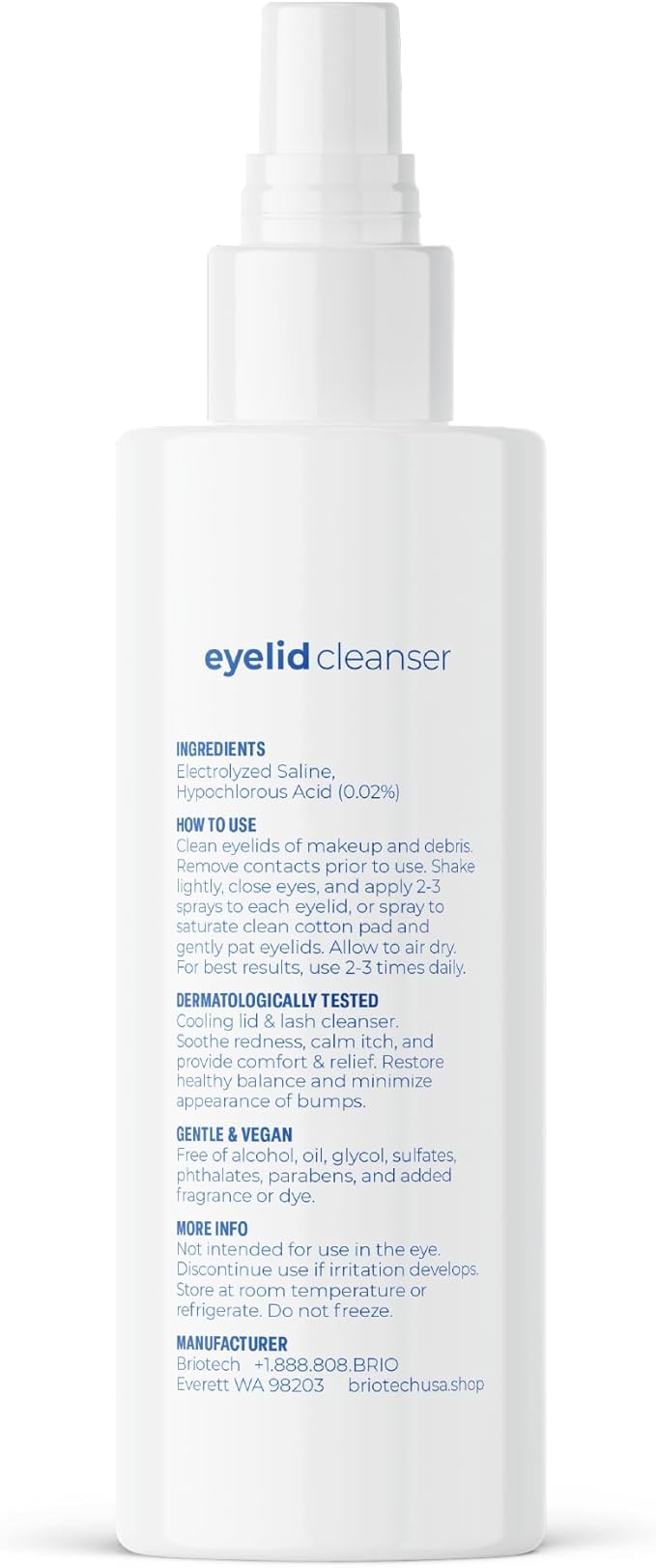 BRIOTECH Eyelid Cleanser, Hypochlorous Acid Spray, Lid & Eyelash Cleanser, Soothe Sensitivities, Calm Redness & Bumps, Support Against Irritation, Vegan, Travel Size 2 Fl oz (1 Pack)
