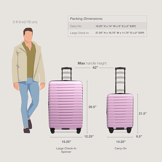 U.S. Traveler Boren Polycarbonate Hardside Rugged Travel Suitcase Luggage with 8 Spinner Wheels, Aluminum Handle, Lavender, 2-Piece Set, USB Port in Carry-On