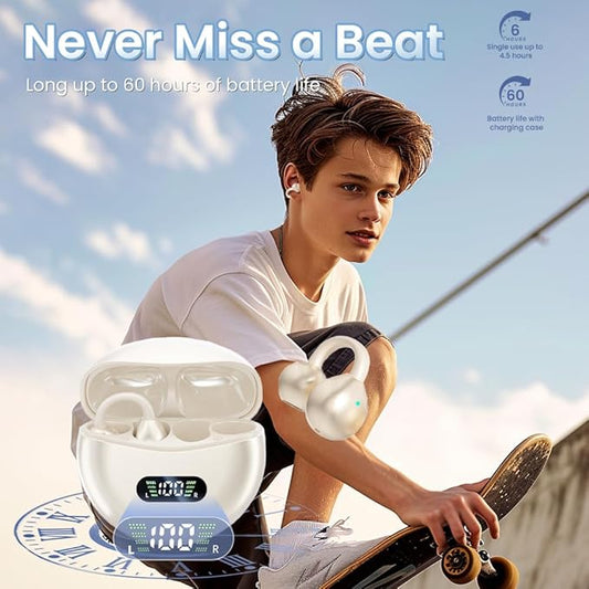 Clip on Earbuds Open Ear Wireless Bluetooth 5.4 Headphones with Mic,60H Play,Noise Cancelling,Waterproof,Sports Ear Buds,Comfortable for Small Ears & Glasses Wearers,Workouts (Off White)