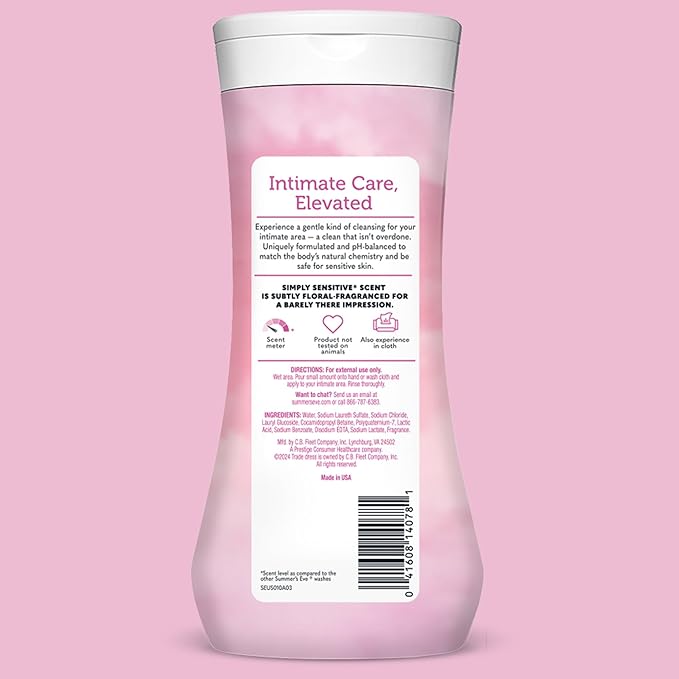 Summer's Eve Simply Sensitive All-Over Daily Feminine Wash, Gentle pH-Balanced Body Wash for Women, Removes Vaginal Odor, 15 Fl Oz, Pack of 3