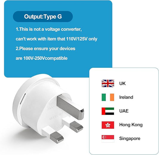 UK Plug Adapter for Travel, Type G International Power Adapter for UK Hong Kong Ireland UAE 3-Packs
