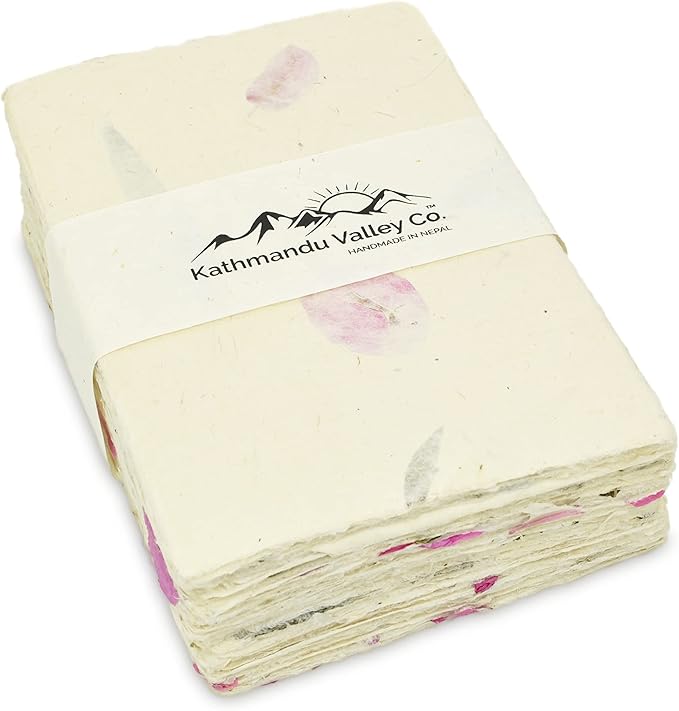 Handmade Lokta Card Stock 5x7 Inch Deckle-edge Paper with Bougainvillea Petal and Titepati leaves. for Vintage Stationery, Printing, and Decorative Invitations (100 Sheets, Forest Wanderer)