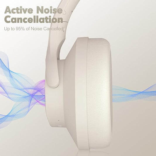 ZIHNIC Active Noise Cancelling Headphones, 60H Playtime Wireless Bluetooth Headset Low Latency-Milky White
