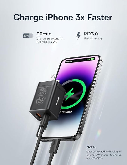Baseus 30W Dual Port USB C PD Charger Block, Foldable PPS GaN Fast Charger Power Adapter for iPhone 17/16/15 Pro Max/14 Pro/13, Galaxy S24 Ultra/S23, Google Pixel 6, iPad, Black