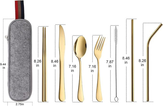 DEVICO Portable Utensils, Travel Camping Cutlery Set, 8-Piece including Knife Fork Spoon Chopsticks Cleaning Brush Straws Portable Case, Stainless Steel Flatware set (Gold)