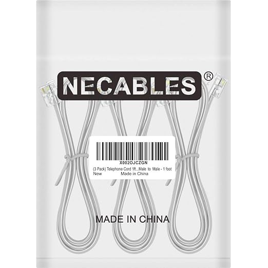 NECABLES 3Pack Phone Cord 1ft Telephone Cord Phone Cable RJ11 6P4C Male to Male for Landline and Fax - 1 Foot