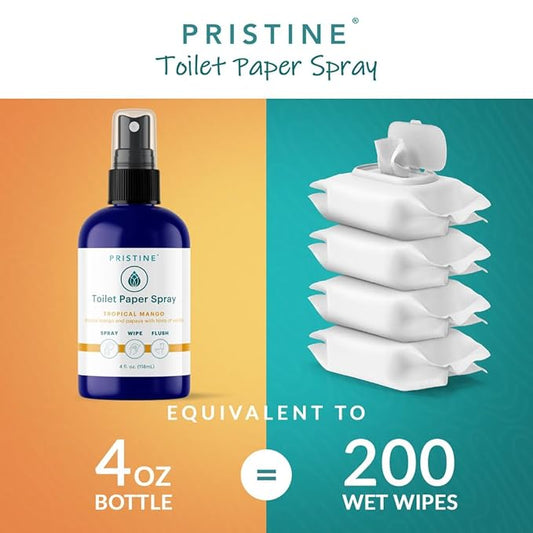 PRISTINE Toilet Paper Spray - As Seen on Shark Tank, More Natural Personal Cleansing Wipes & Flushable Wet Wipes Alternative, Spray Toilet Paper to Create Flushable Wipe, Tropical Mango, 4 fl oz