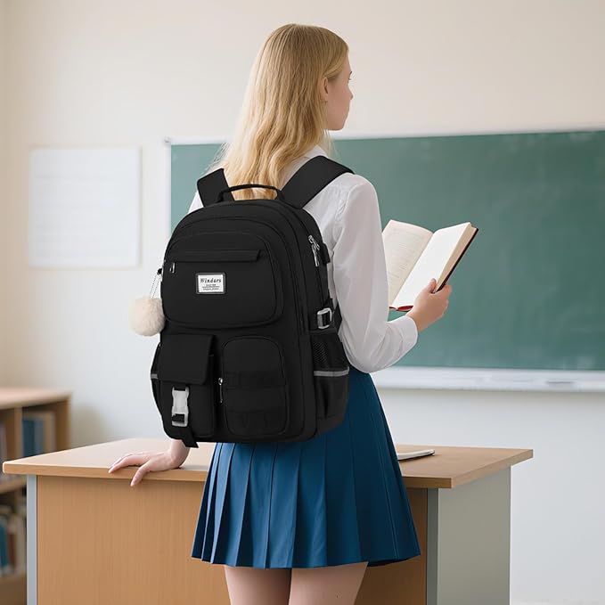 School Backpack for Teen Girls, Cute Laptop Backpack for Women Students, Large Middle High School Bags Aesthetic Bookbag for College Travel Fit 17.3 Inch Laptop (Black)