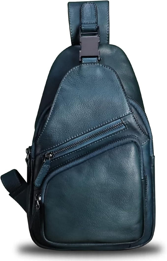 Genuine Leather Sling Bag Crossbody Purse Handmade Hiking Daypack Motorcycle Bag Retro Shoulder Backpack Vintage Chest Bag (NavyBlue)