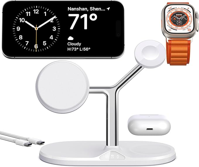 3-in-1 Wireless Charging Station for Apple Devices - Fast Charging Station for iPhone and Watch with MagSafe, Stable Charger Stand for iPhone 12-15 & iPhone 16 & iWatch & AirPods, Adapter Not Included