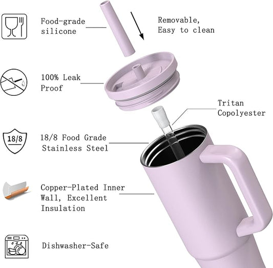 TILUCK 30 oz Tumbler with Handle, Vacuum Insulated Stainless Steel Travel Mug with 100% Leak-Proof Silicone Straw Lid, Cupholder Friendly Water Bottle(LightPurple, 30oz)