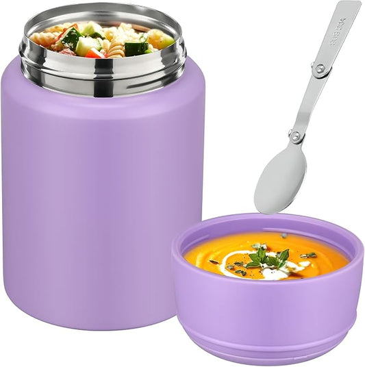 17oz Soup Thermo for Hot Food Kids Insulated Food Jar,Thermo Hot Food Lunch Container, Width Mouth Stainless Steel Lunch Box for Kids with Handle Folding Spoon(Purple-Pure)