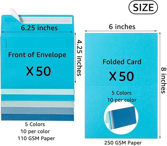Wishop 50 Pack Blue Self-Adhesive Envelopes with Fold Cards 5 Colors for Wedding Invitations and Greeting Cards (Blue 5 Colors, 4x6)