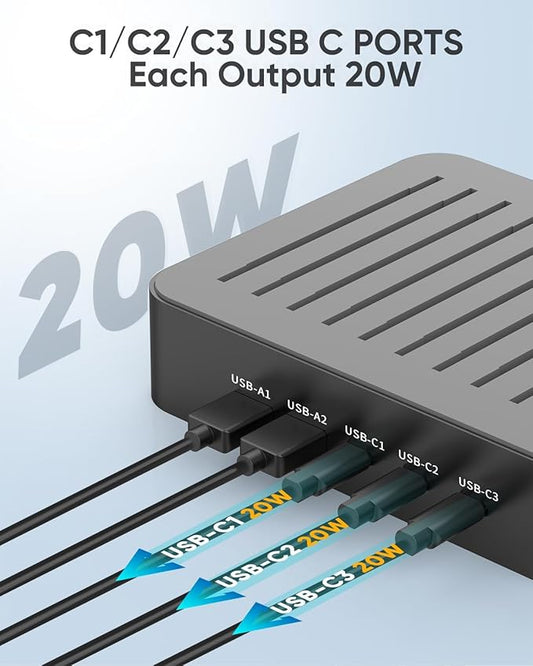 MSTJRY USB C Charging Station for Multiple Devices: 90W 5 Ports Multi Fast Charger for iPhone iPad Tablets Phone Airpods - Charging Dock Organizer with Adjustable Dividers for Home Office Classroom