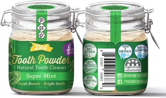 The Dirt - Remineralizing Tooth Powder, Natural Fluoride-Free Teeth Whitening Powder with Hydroxyapatite, Flouride & Gluten Free, Organic Vegan (Super Mint, 51g: 6 Month Supply)