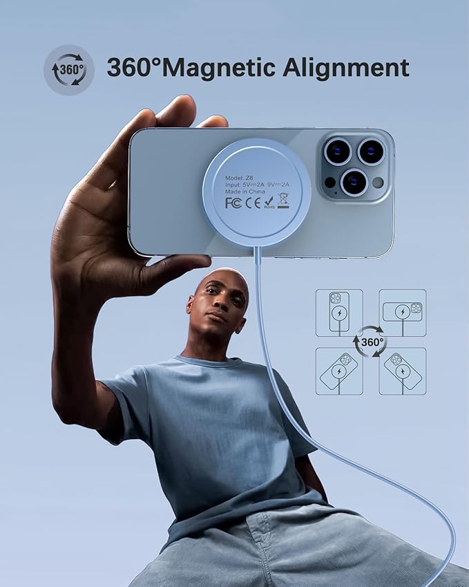 Magnetic Wireless Charger Fast Apple Mag-Safe Charger for iPhone 15 Pro Max/15 Pro/15/15 Plus/14/13/12 Series AirPods 3/2/Pro/Pro 2 LED Magnet Charging Pad with Dual Charging Ports Blue