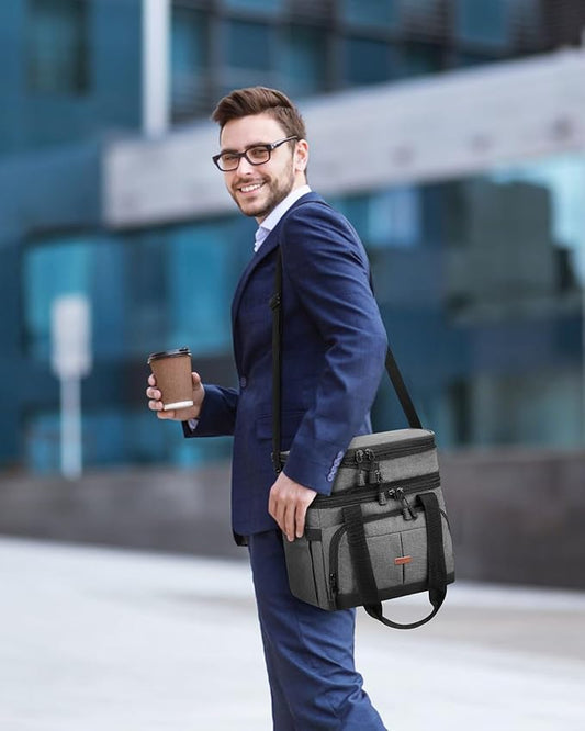 Lunch Box for Men Women Double Deck Insulated Lunch Bag for Men Woman Leakproof Expandable Cooler Bag with Adjustable Shoulder Strap for Work Picnic School(Gray,16L)