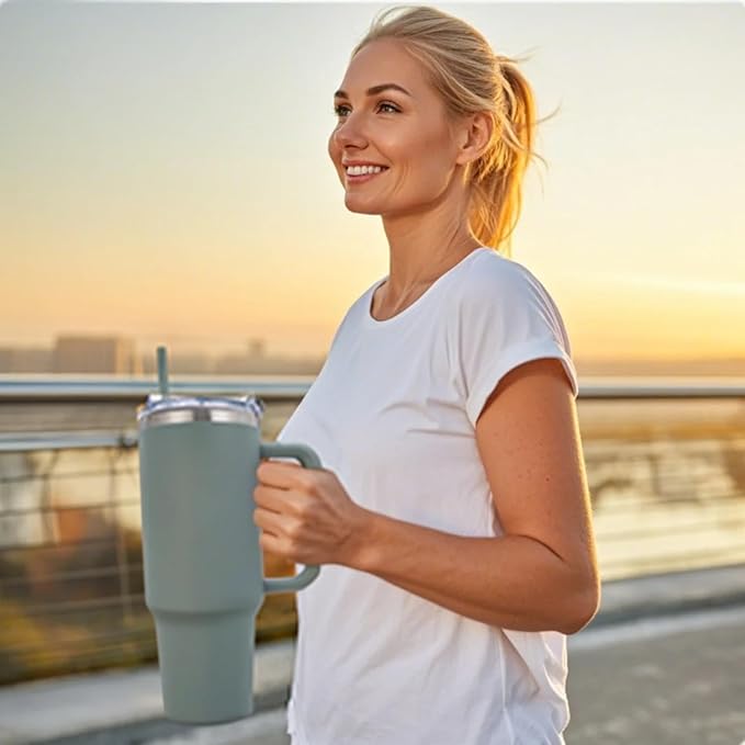 40 oz Tumbler with Handle and Straw Lid,Insulated Reusable Stainless Steel Water Bottle Travel Mug,Cupholder Friendly Double Wall Vacuum Sealed Cup (Shale)