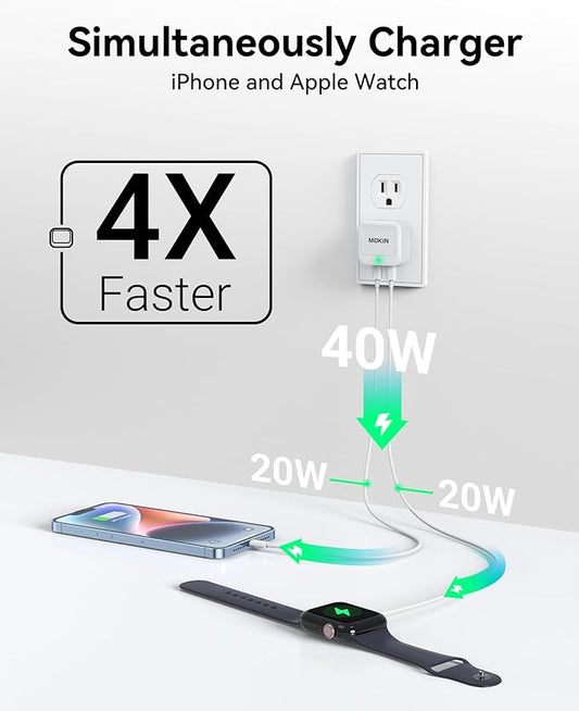 USB C Wall Charger, 40W Fast Charger Type C Charging Block Dual Port GaN+ PD Power Adapter with Foldable Plug USB C Charger Block Cube for iPhone 17 16 15 14 13 12 11 Pro Max XR XS, iPad, Samsung