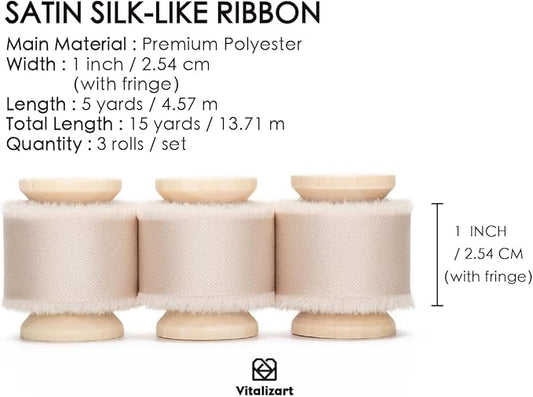 Vitalizart Silk Satin Ribbon 1 Inch x 15 Yard Wooden Spool Light Nude Handmade Frayed Ribbon for Gift Wrapping Baby Shower Wedding Bridal Bouquets Holiday Decor 3 Rolls x 5 Yard