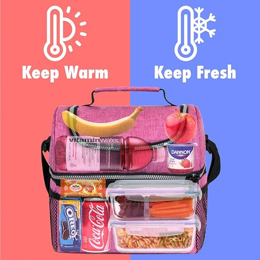 OPUX Lunch Box For Women, Insulated Large Lunch Bag Adult Work, Double Decker Lunchbox Meal Prep, Dual Compartment Leakproof Lunch Cooler, Soft Lunch Pail Tote for Girls, Kids, School (Pink, 16 Cans)