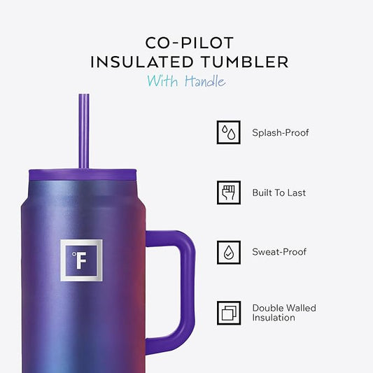 IRON °FLASK Co-Pilot Insulated Mug w/Straw & Flip Cap Lids - Cup Holder Bottle for Hot, Cold Drink - Leak-Proof - Water, Coffee Portable Travel Mug - Sage, 50 Oz