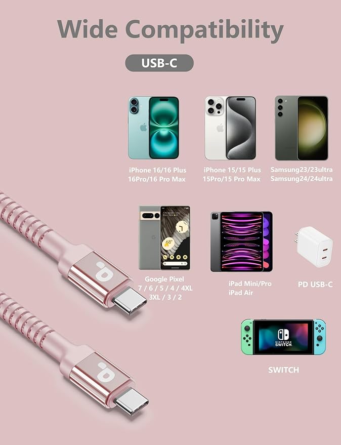 USBC Cable 10FT, 2Pack Long USBC Fast Charging Cable, Nylon Braided USB C to USB C iPhone Charger Cord Compatible with iPhone 17/16/15/Pro Max/Plus/Samsung Galaxy S23/LG/Switch-Pink