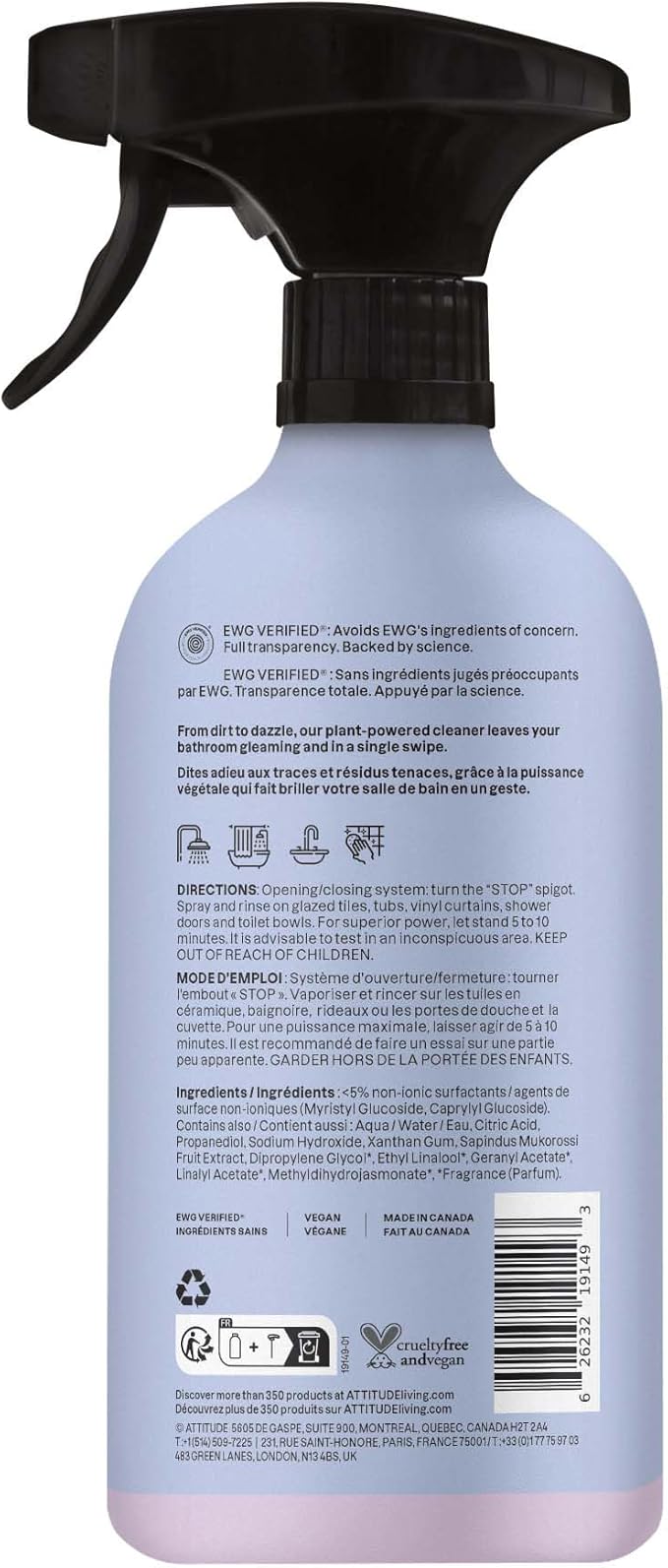 ATTITUDE Bathroom Cleaner Spray, Natural Origin Ingredients, EWG Verified, Eliminates Soap Scum, Limescale, Streak Free, Lemon & Rosewood, 26 Fl Oz (Pack of 3)