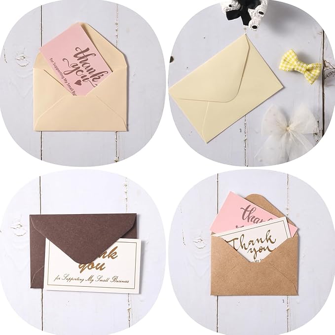 100 Pack Mini Envelopes with Note Cards in 5 Colors for Wedding, Birthday, Baby Showers, 4 x 2.7 Inches (Brown)