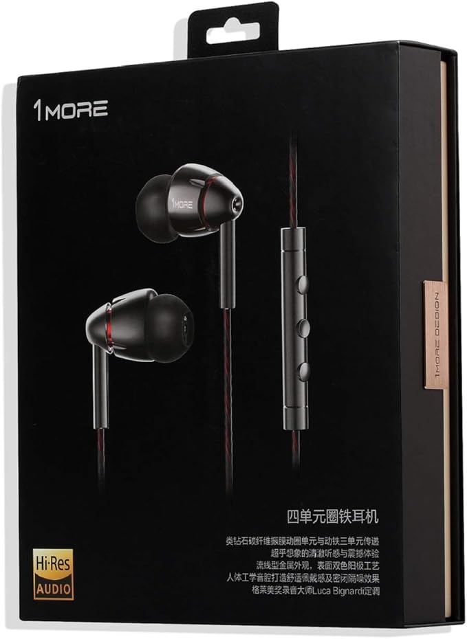 1MORE Quad Driver in-Ear Earphones Hi-Res High Fidelity Headphones Warm Bass, Spacious Reproduction, High Resolution, Mic in-Line Remote Smartphones/PC/Tablet - Silver/Gray