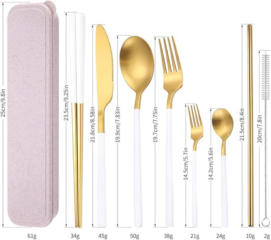 AARainbow 8 Pieces Stainless Steel Flatware Set Portable Reusable Cutlery Set Travel Utensils Set Including Chopsticks Knife Fork Spoon Straws Cleaning Brush Dishwasher Safe (B-White Golden)