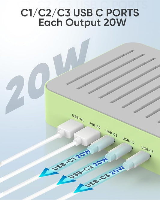 MSTJRY USB C Charging Station for Multiple Devices: 90W 5 Ports Multi Fast Charger for iPhone iPad Tablets Phone Airpods - Charging Dock Organizer with Adjustable Dividers for Home Office Classroom