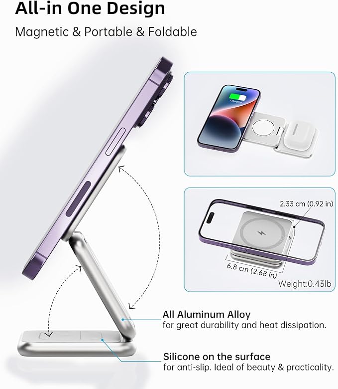 Foldable Magnetic Wireless Charger, KU XIU X40 Aluminum Alloy 3-in-1 Charging Station for Apple, Fast Charging Travel Charger for iPhone 16 15 14 13 12Series, 5W Apple Watch 1-10/Ultra, AirPods,Silver
