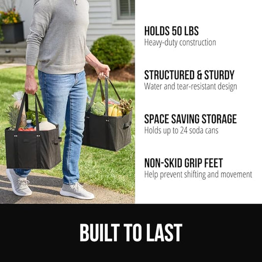 GORILLA GRIP Heavy Duty Foldable Reusable Grocery Bags, Tear Resistant Box Shape Shopping Tote with Reinforced Handles, Grip Feet, Easily Carry and Transport Groceries, 13x10x11, 1 Pack, Black