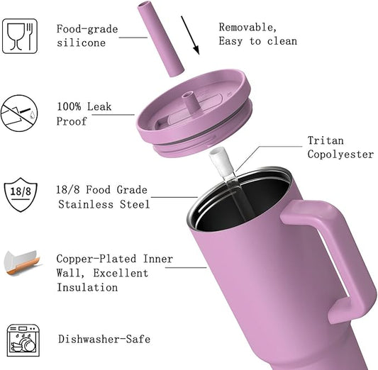 TILUCK 40 oz Tumbler with Handle, Vacuum Insulated Stainless Steel Travel Mug with 100% Leak-Proof Silicone Straw Lid, Cupholder Friendly Water Bottle(Lilac, 40oz)