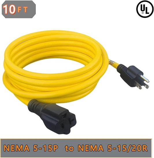 10-Feet 15 Amp Household AC Plug to 20 Amp T Blade Adapter Cable,14AWG 10-Foot 15 Amp to 20 Amp Plug Adapter Cord Nema 5-15P to 5-15R/5-20R 20Amp Comb AC Power Cord, Yellow