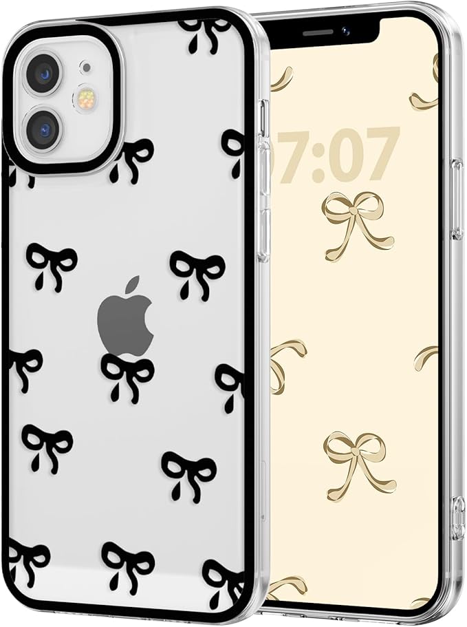 EYZUTAK Case for iPhone 12, Clear Cute Ribbon Bowknot Pattern Aesthetic Transparent Phone Case Raised Camera Protection Stylish Slim Soft Durable TPU Protective Cover for Women Girls - Black