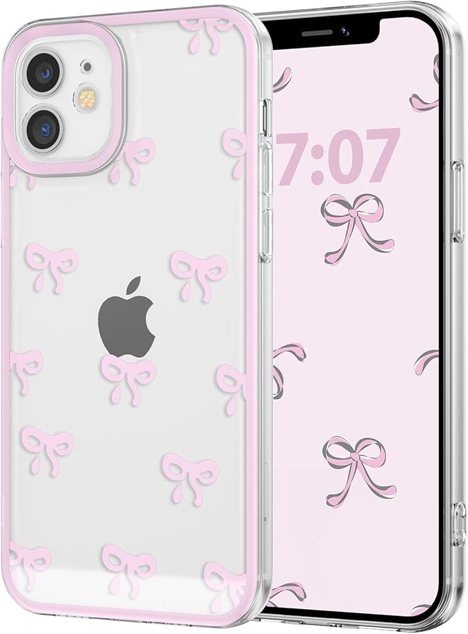 EYZUTAK Case for iPhone 12, Clear Cute Ribbon Bowknot Pattern Aesthetic Transparent Phone Case Raised Camera Protection Stylish Slim Soft Durable TPU Protective Cover for Women Girls - Pink