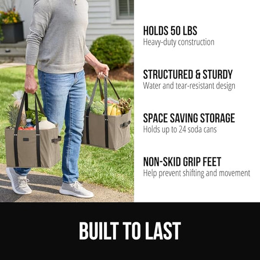 GORILLA GRIP Heavy Duty Foldable Reusable Grocery Bags, Tear Resistant Box Shape Shopping Tote with Reinforced Handles, Grip Feet, Easily Carry and Transport Groceries, 13x10x11, 1 Pack, Beige Black