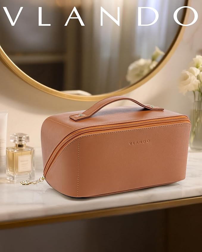 Vlando Makeup Bag,Large Capacity Travel Toiletry Bag,Cosmetic Bags for Women PU Leather Waterproof Portable Pouch with Divider & Handle-Brown