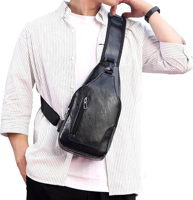 Peicees Leather Sling Bag Mens Crossbody Bag Chest Bag Sling Backpack for Men with USB Charge Port